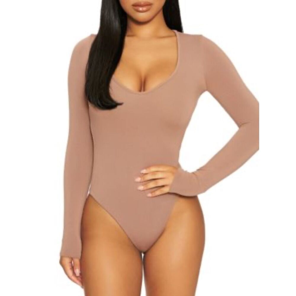 NAKED WARDROBE Bodysuit NEW Plunge V Neck Thong Long Sleeve Bougie Beige Size S